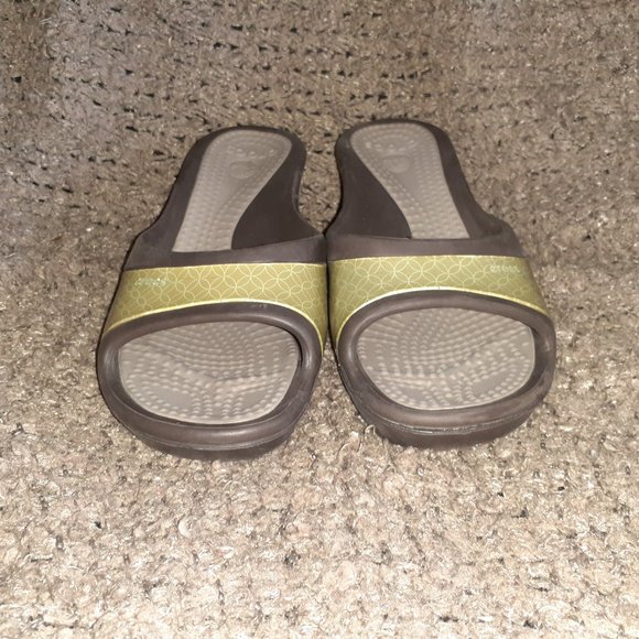 CROCS-SASSARI-Brown/Beige-Green Circles Wedge Heel Slides-Sz 10-Excellent - Picture 3 of 8